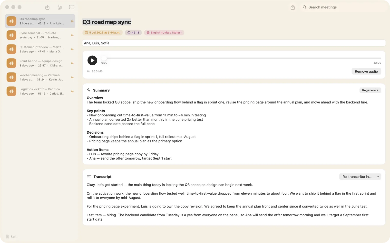 Karl on a Mac after a call: the meeting Q3 roadmap sync with its summary of key points, decisions and action items, and the transcript below.